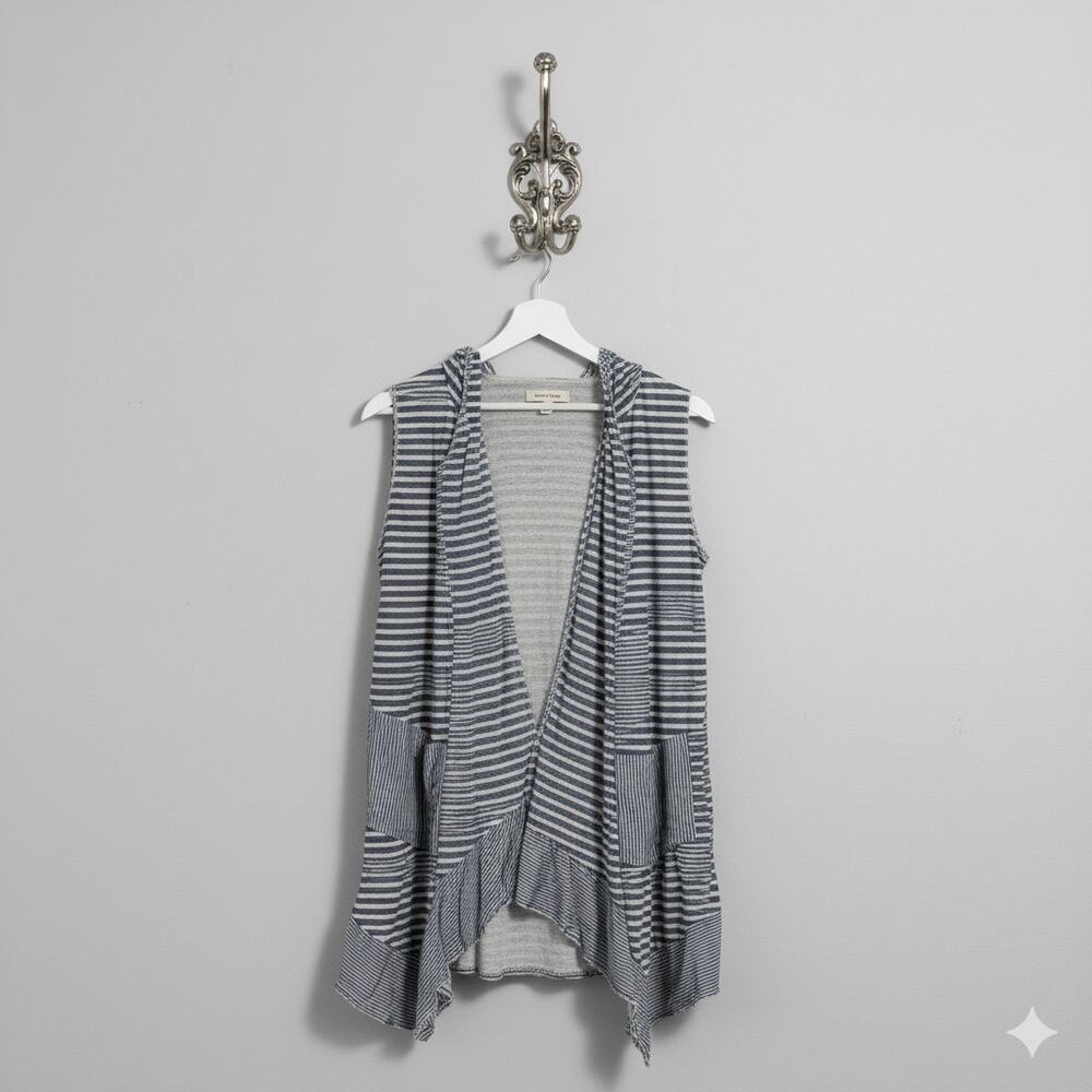 Faith & Joy · Sleeveless Hooded Vest · Open-Front Striped · Blue/White Medium
